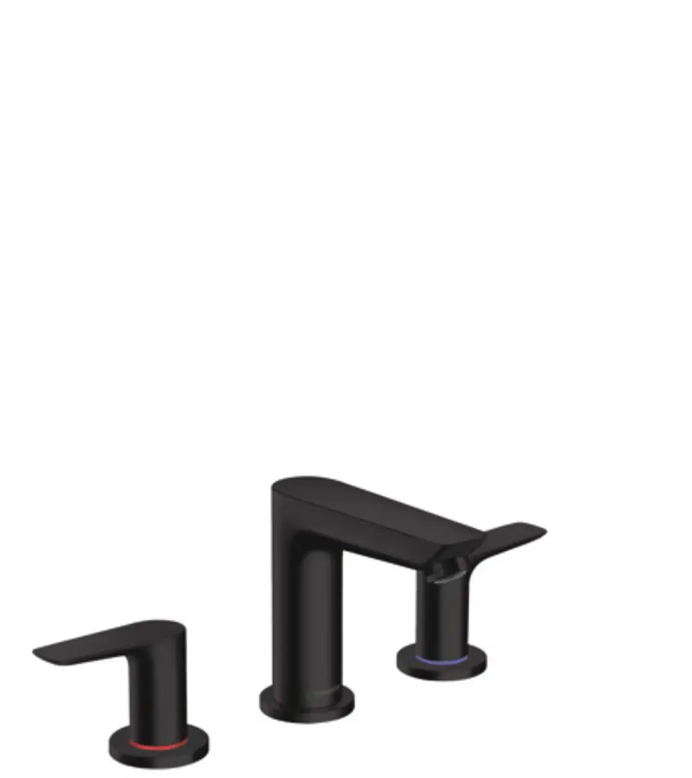 Waschtischarmatur in mattschwarz von Hansgrohe, bestehend aus drei Teilen: ein zentraler Wasserhahn und zwei separate Bedienhebel. Minimalistisches Design.